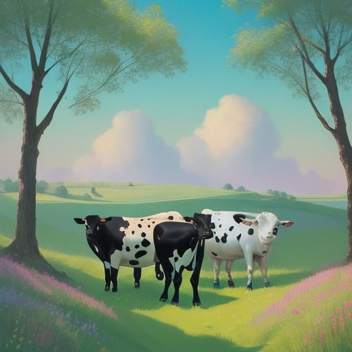 Whimsical Cows in Meadow: Colorful Line Art