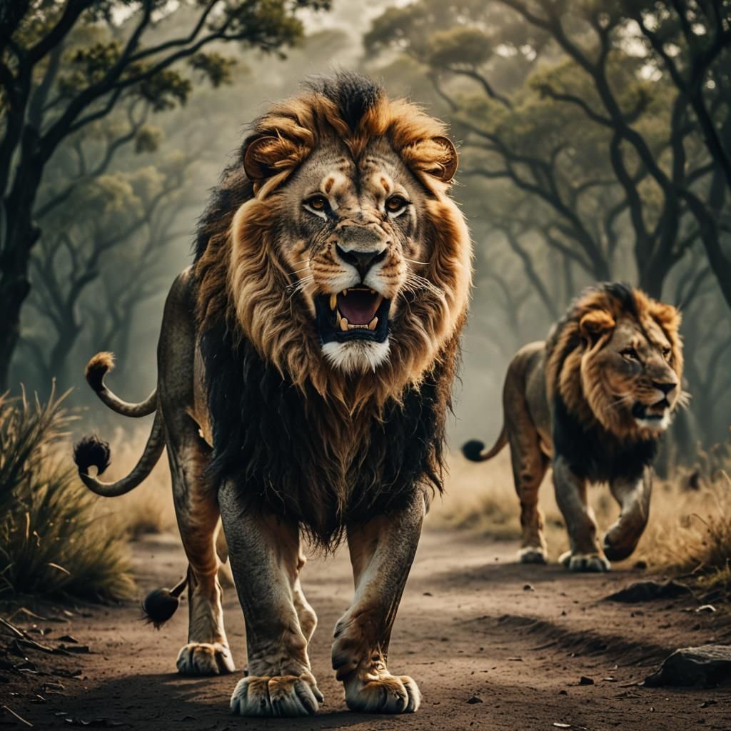 Roaring Lion with Text in Cinematic Style