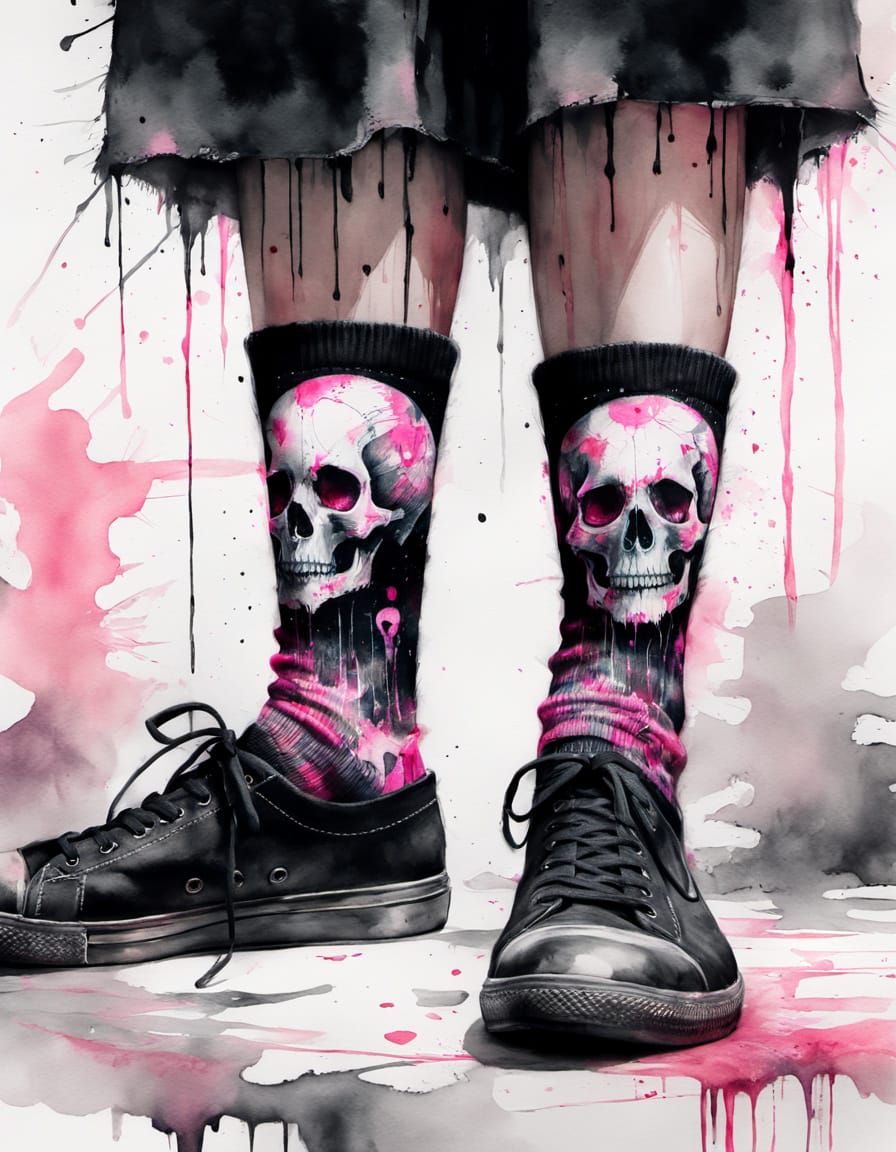 Goth Socks with Pink Skulls in Watercolor Style