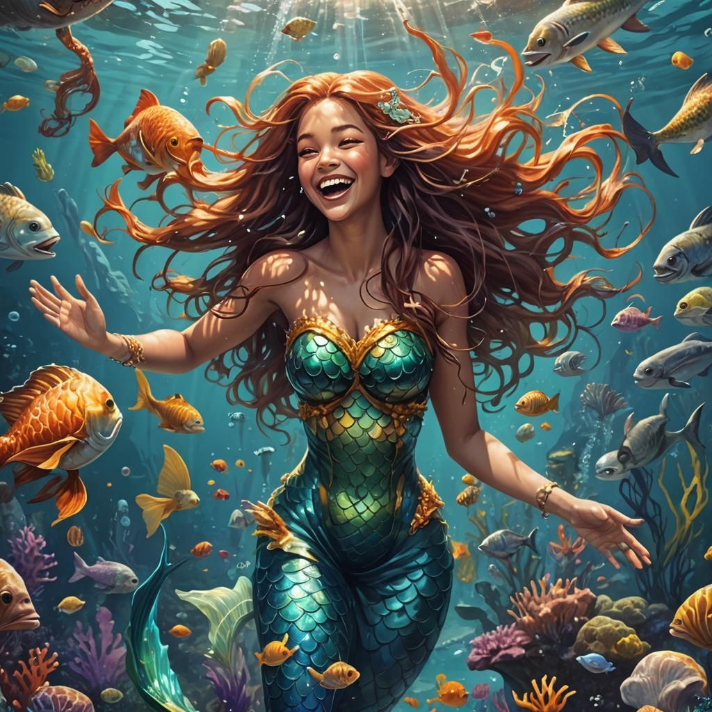 Joyful Mermaid Laughing Underwater in Splash Art Style