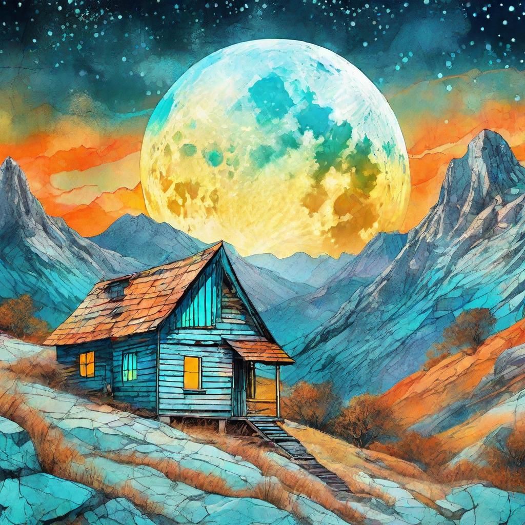 Mountain Shack Under Astral Full Moon in Watercolor