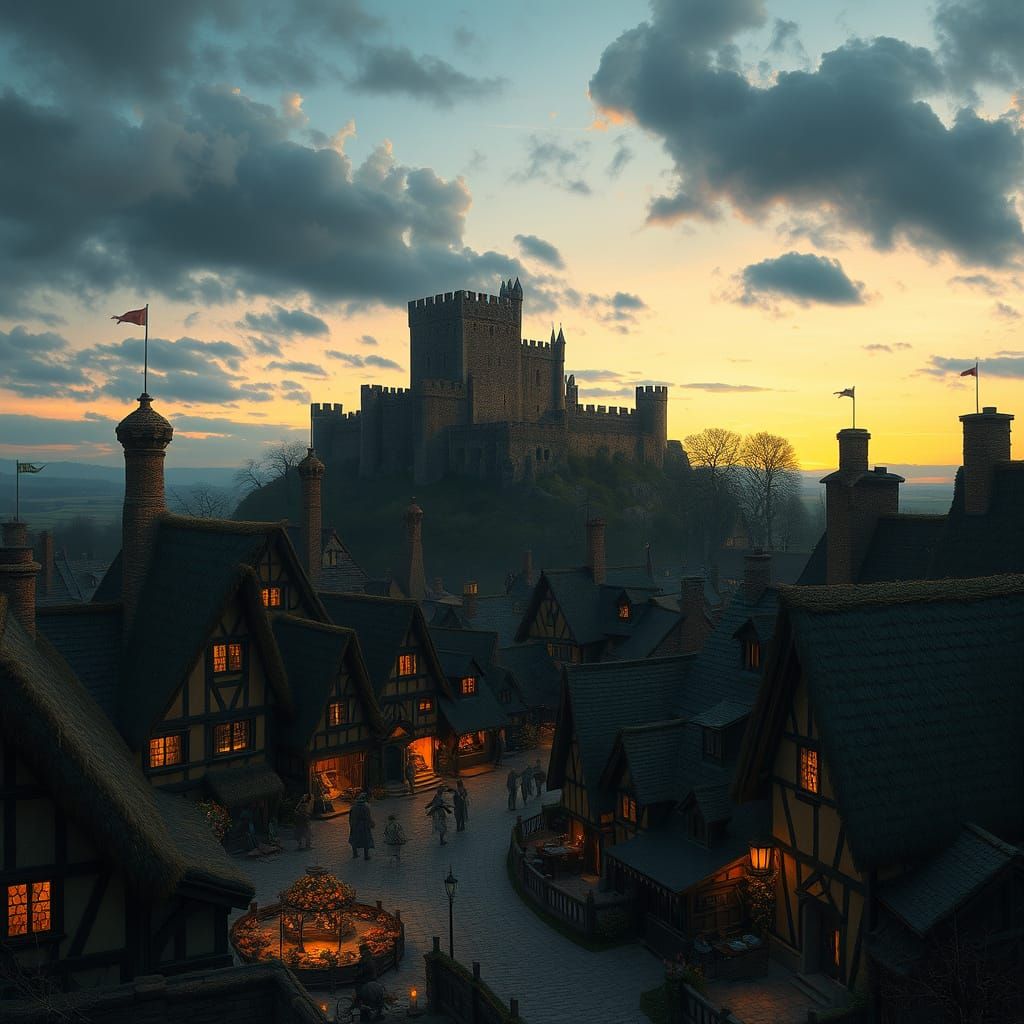 Medieval Village Scene at Dusk in a Dreamlike Style
