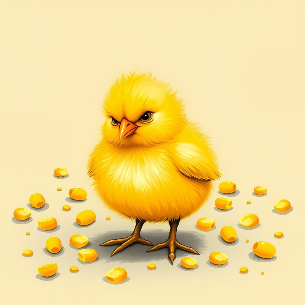 Grumpy Chick Amongst Corn Kernels Illustration