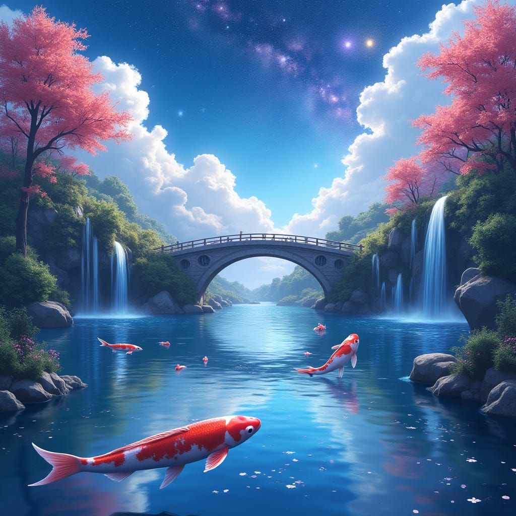 Fantasy Koi Pond with Galactic Sky in Anime Style
