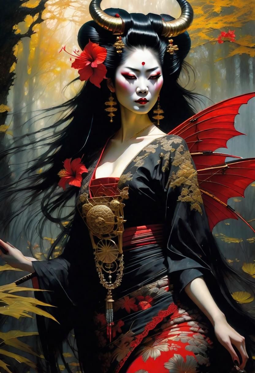 Geisha Demon with Spiked Horns in Dark Fantasy Style