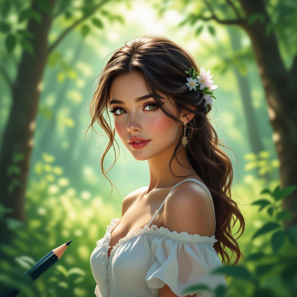 Pencil Tip Transforms Into Woman in Forest Clearing