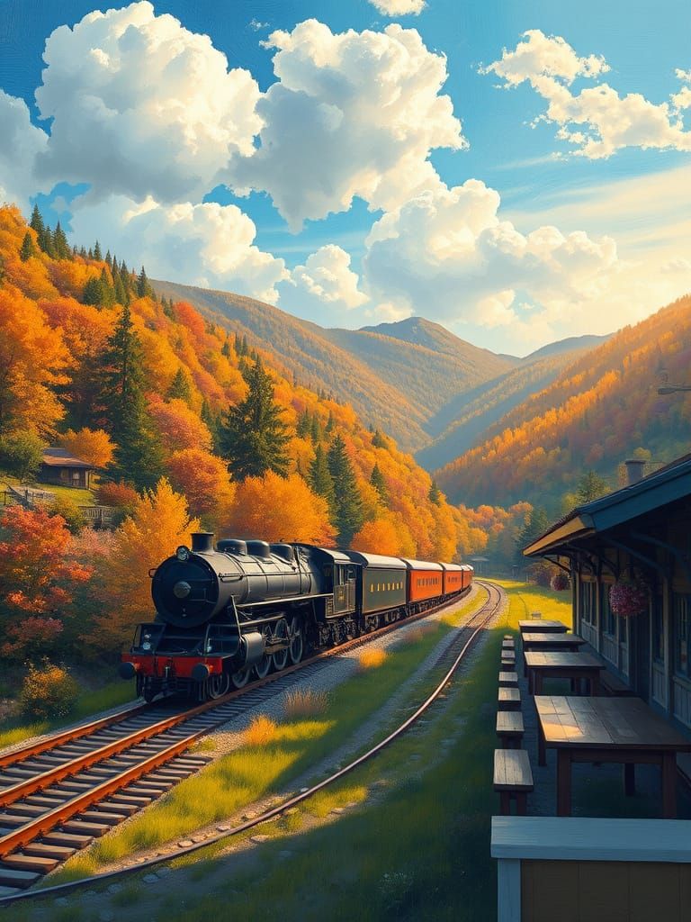 Steam Train Through Valley in Neo-Impressionist Style
