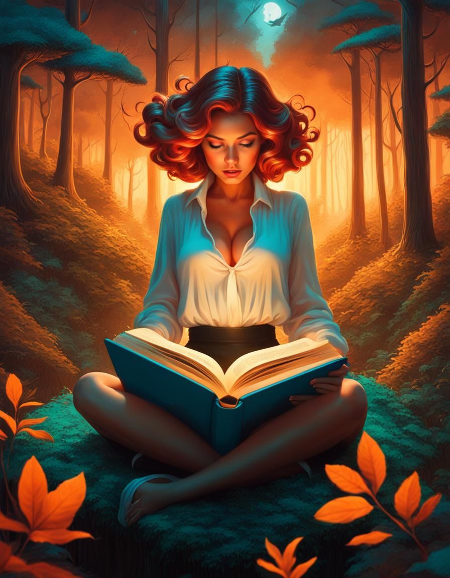 Surreal Woman Reading in Neon Forest, Digital Art