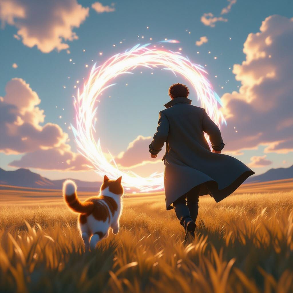Dimensional Portal: Man and Cat in Anime Style