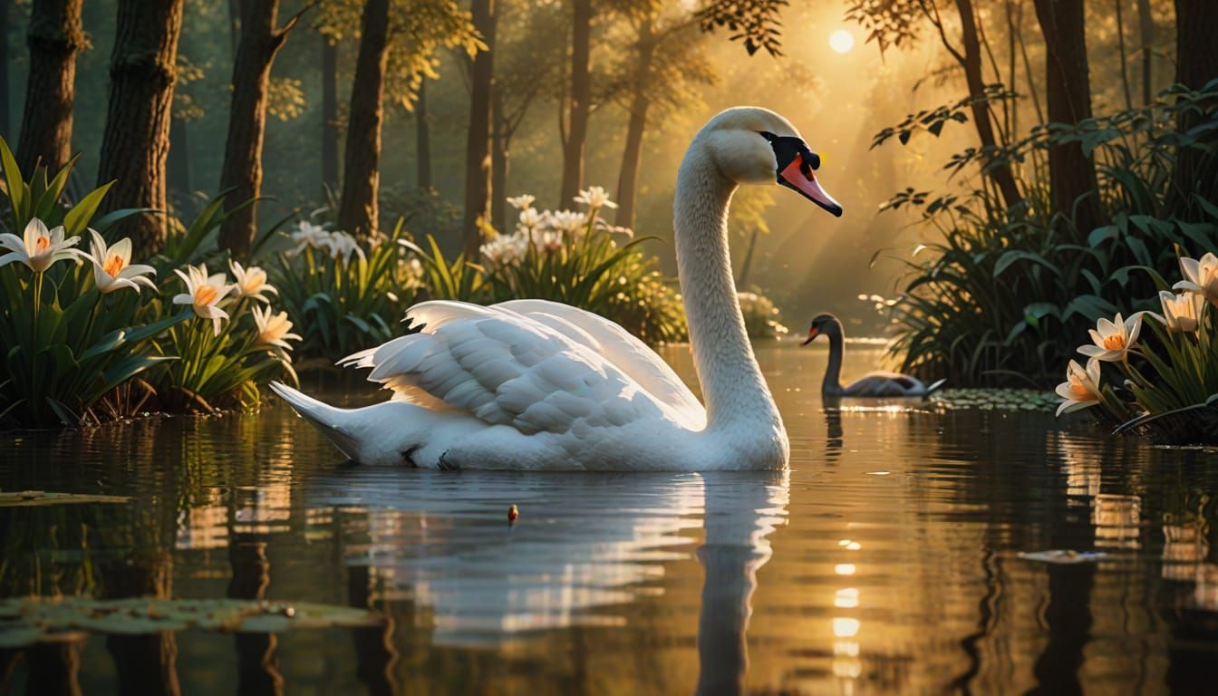 Majestic Swan and Ducks in Golden Light