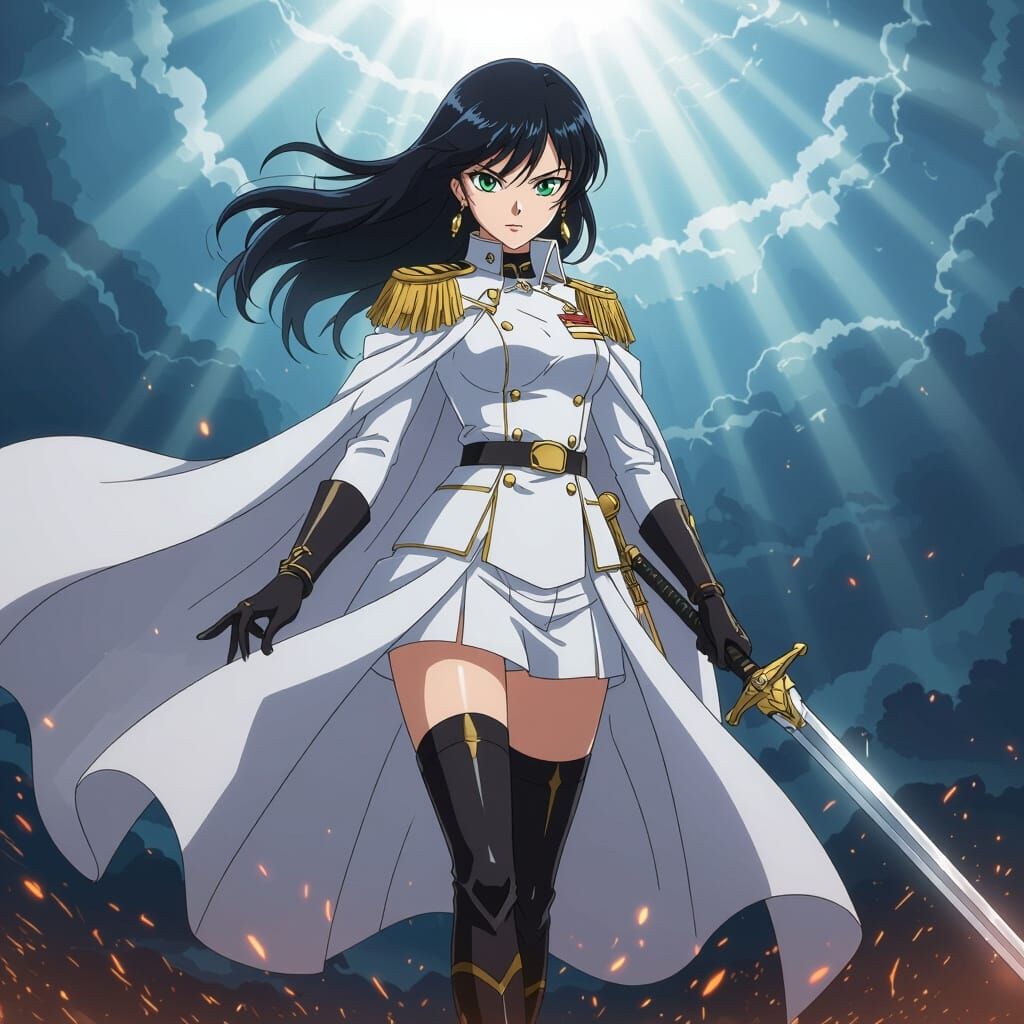 Anime Female Admiral with Sword in Stormy Sky