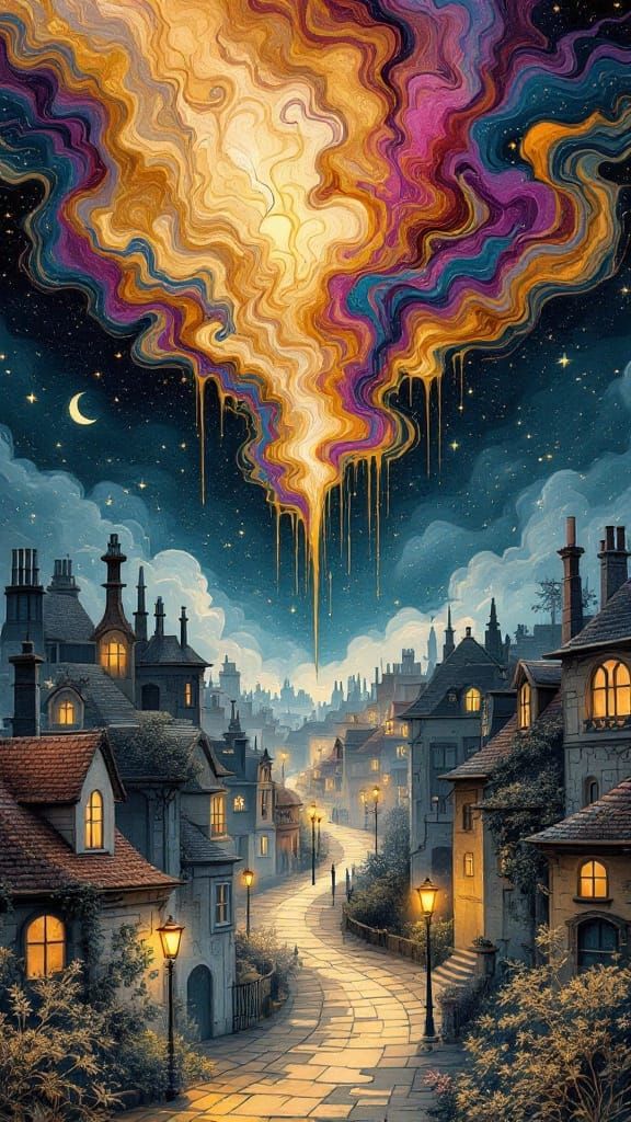 Surreal Cityscape with Marbled Sky Above