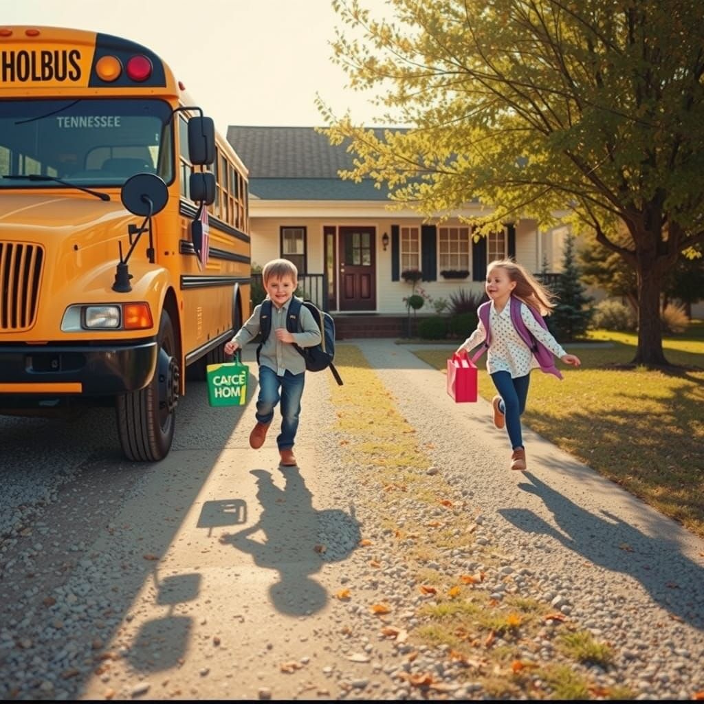 Children Return Home in Rockwell Style Autumn Scene