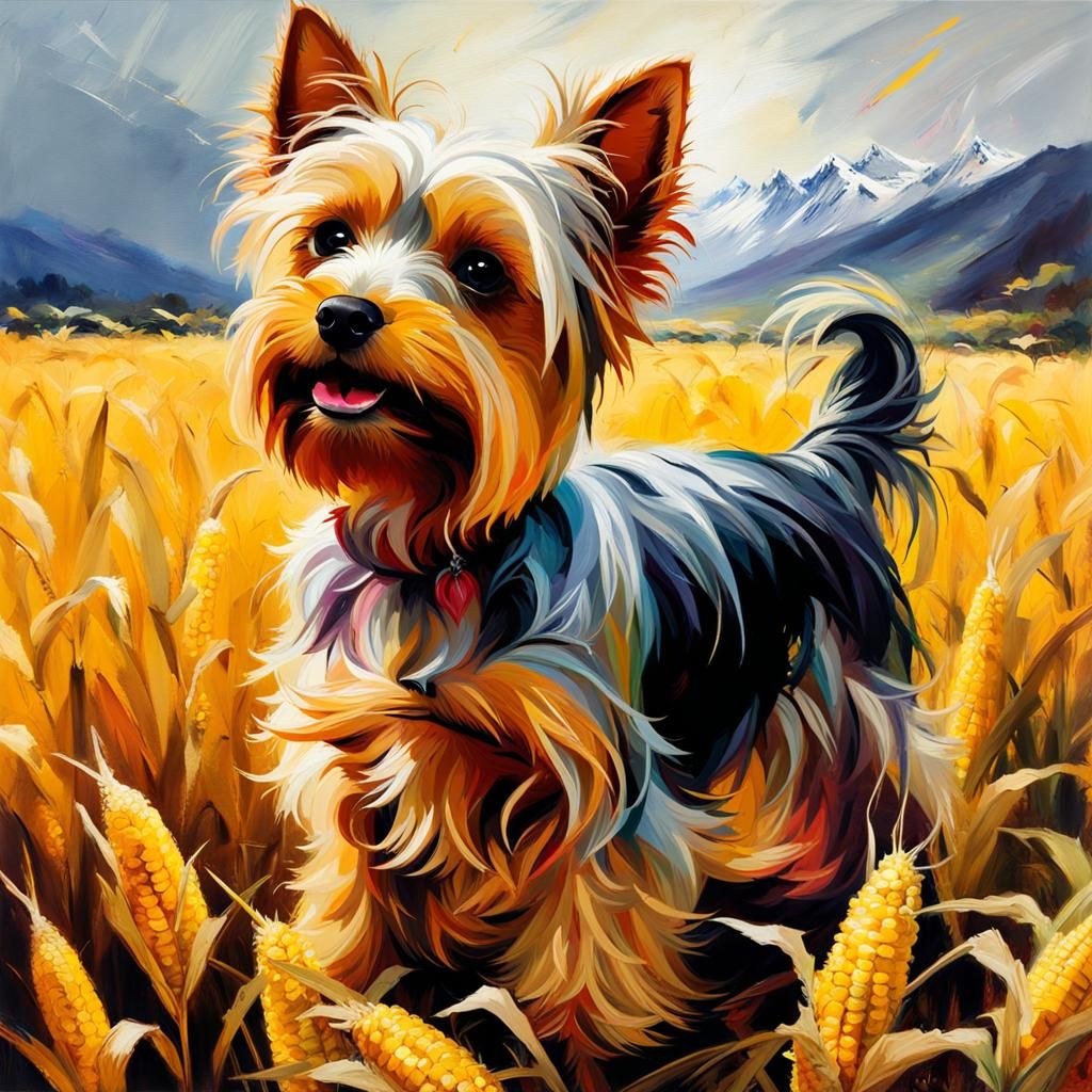 Yorkshire Terrier in Cornfield: Matte Painting Style