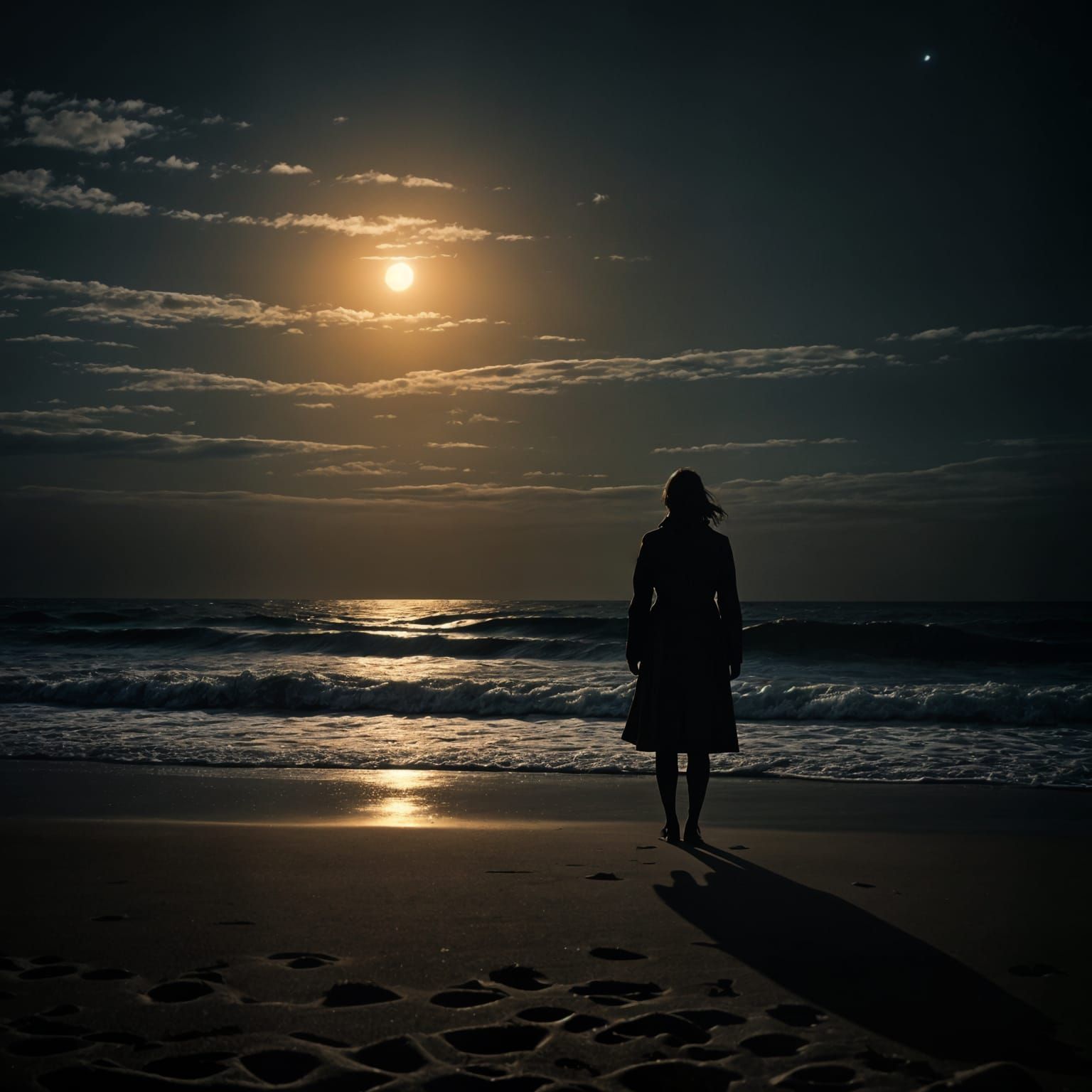 Moonlit Silhouette on Windswept Beach at Night