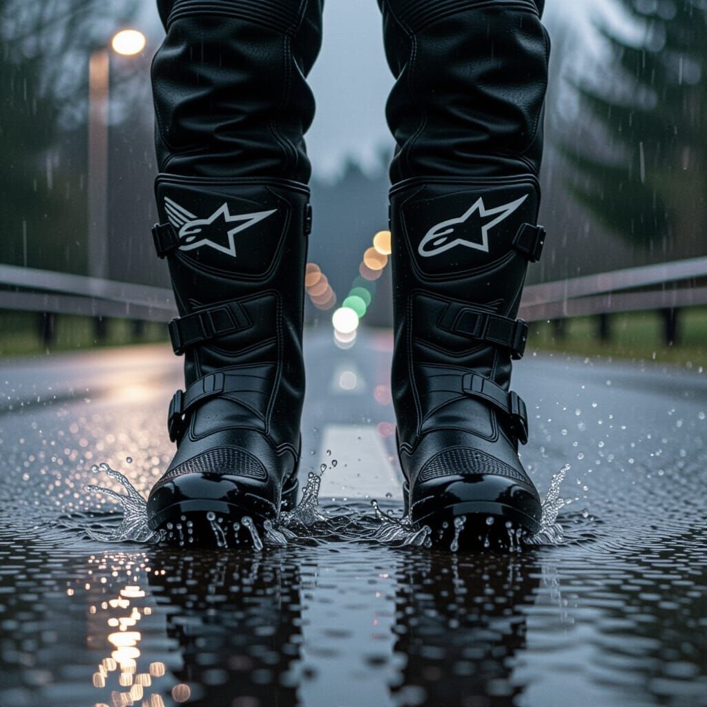 Alpinestars Boots on Wet Road in Cinematic Style