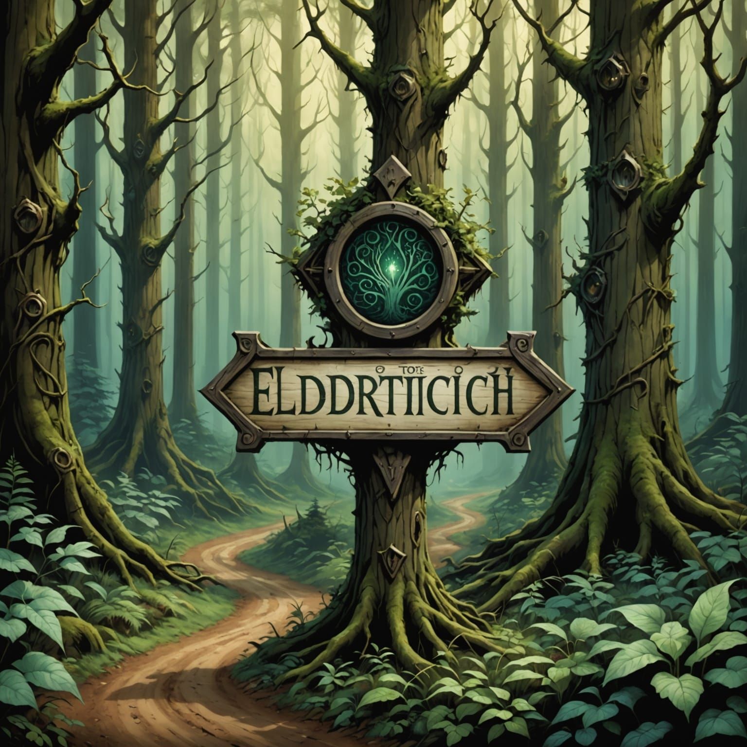 Eldritch Forest Crossroads Sign in Fantasy Style
