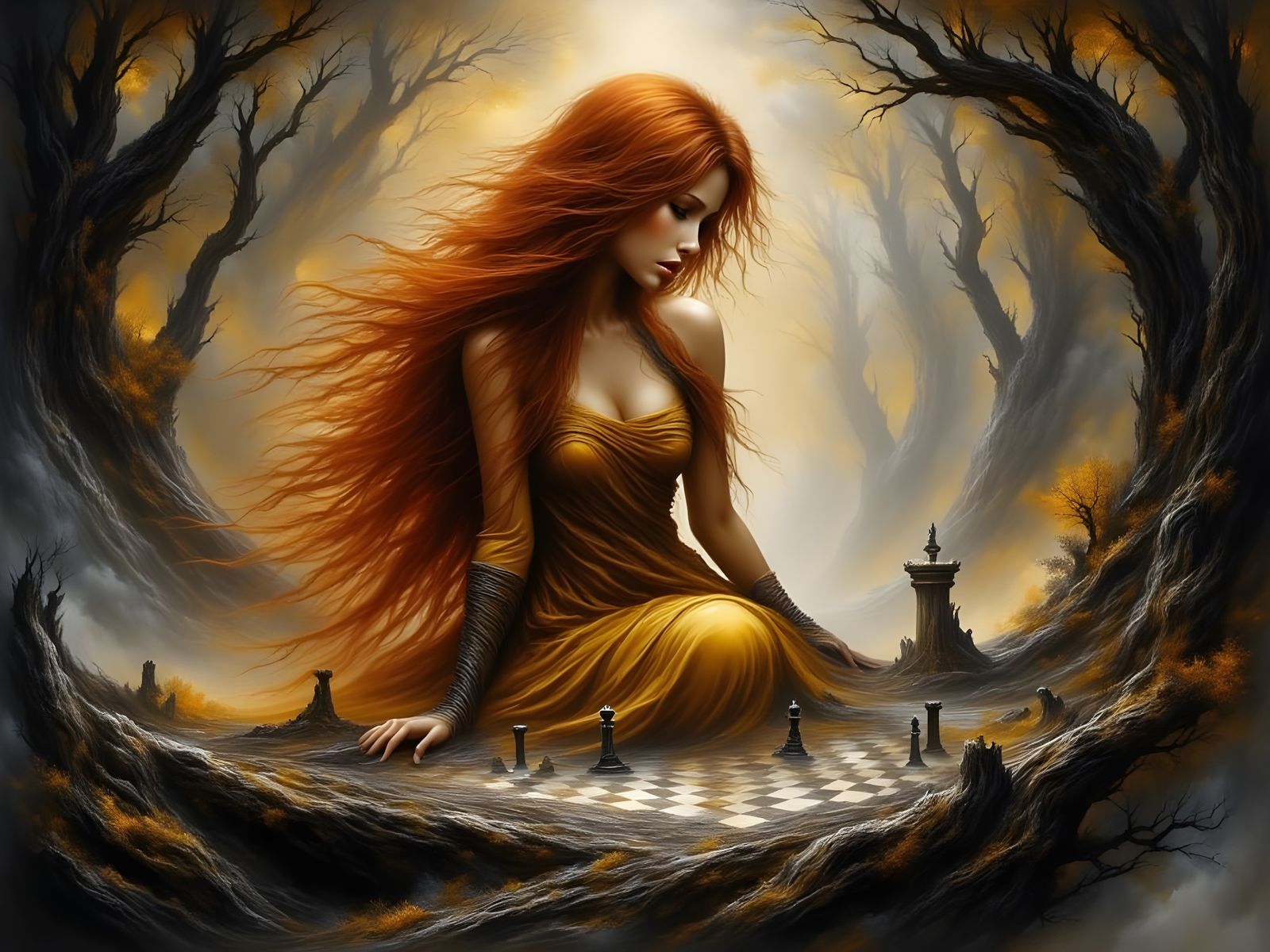 Norse Goddess of Sun Concentrates on Chess Game