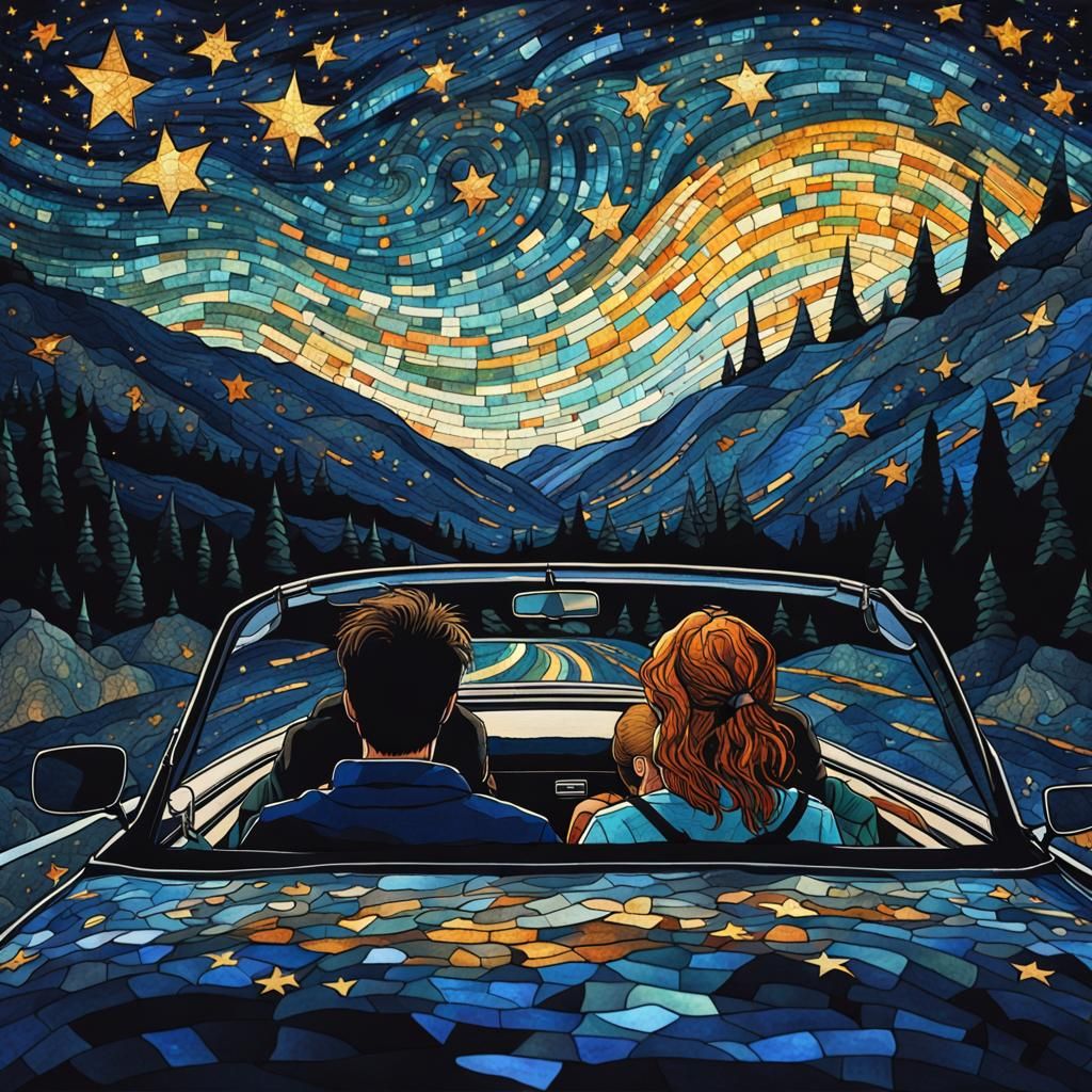 Road Trip Under Starry Sky in Stained Glass Style