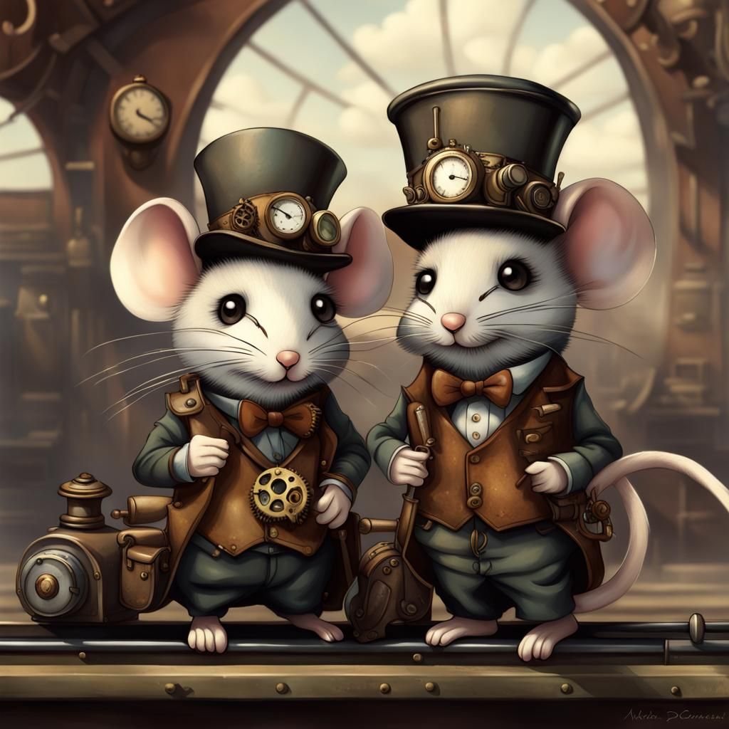 Steampunk Chibi Mice Awaiting Train