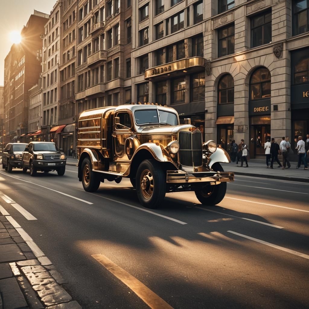 Art Deco Diesel Truck in City Street