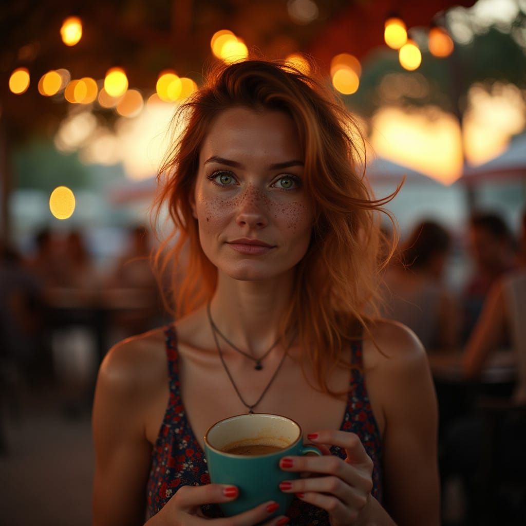 Vibrant Green Eyes Shining in Sunset Café