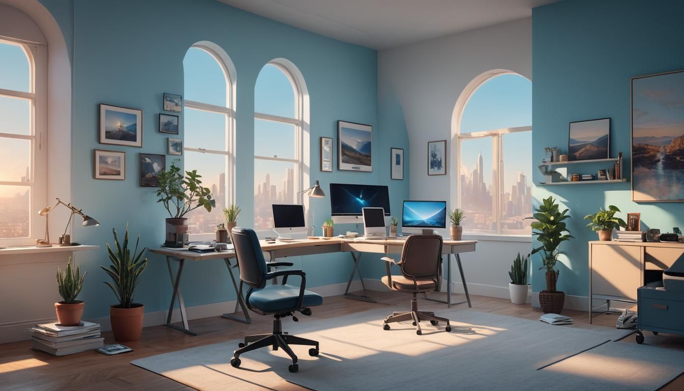Tech-Inspired Office with Blue Wall in Fantasy Style