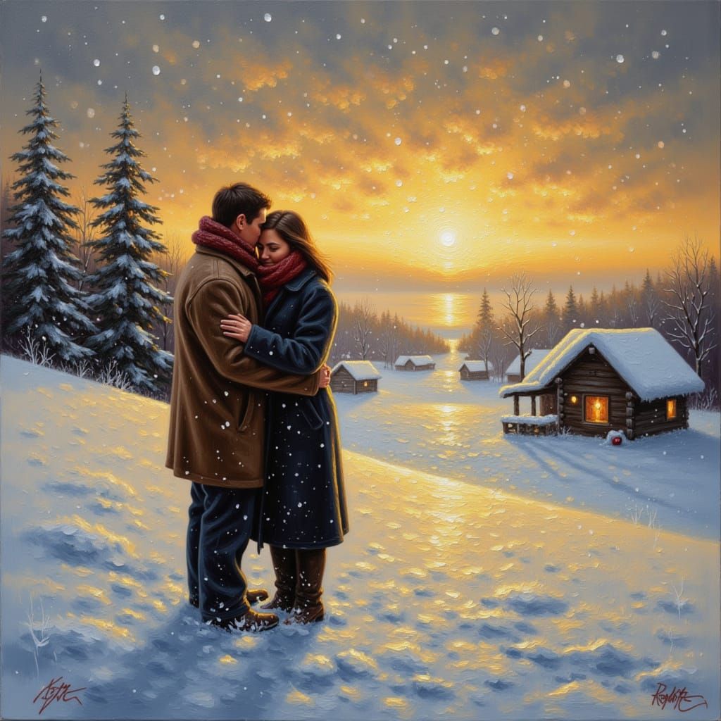 Romantic Couple Embrace in Winter Landscape as Impasto Paint...