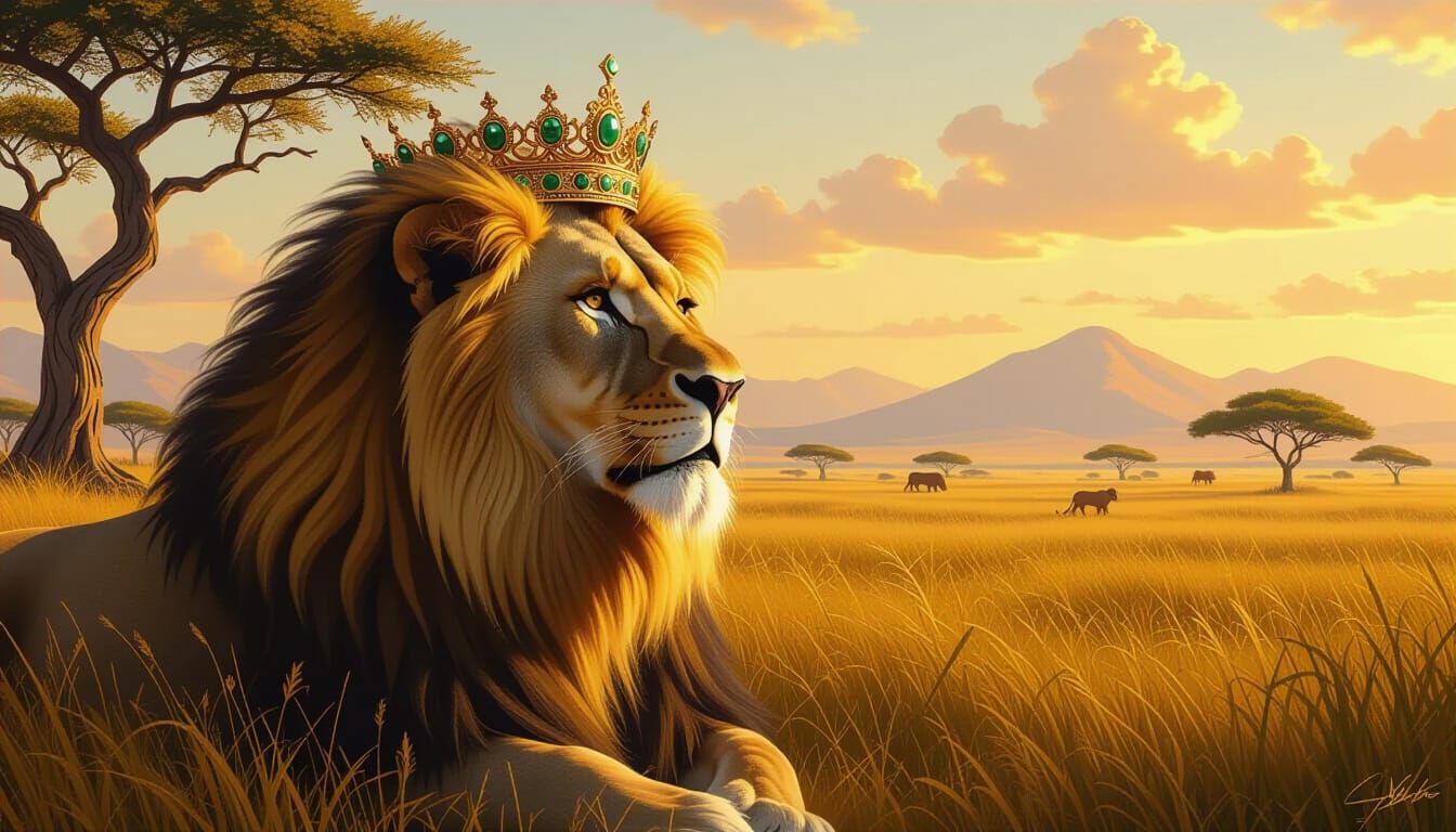 Majestic Lion King Surveys Golden Savanna Kingdom