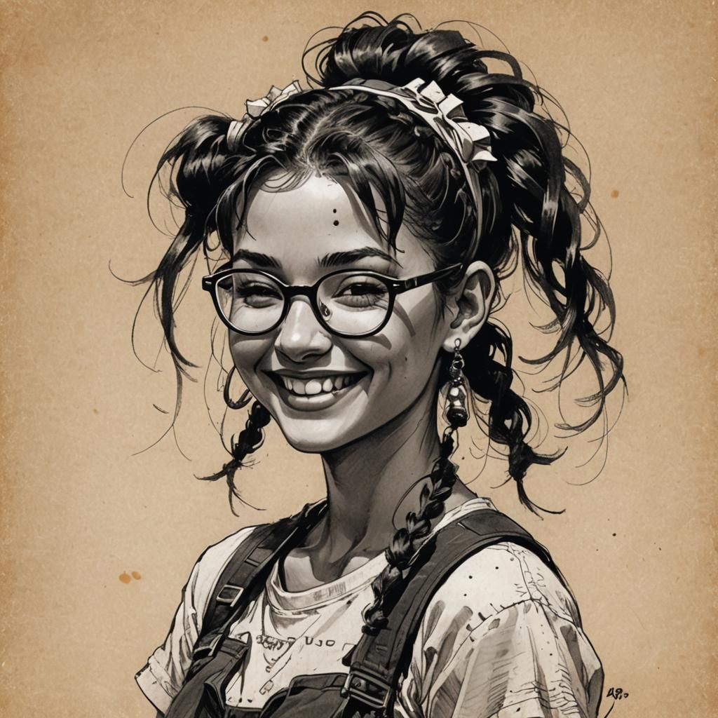 Vintage Ink Drawing of a Smiling Girl