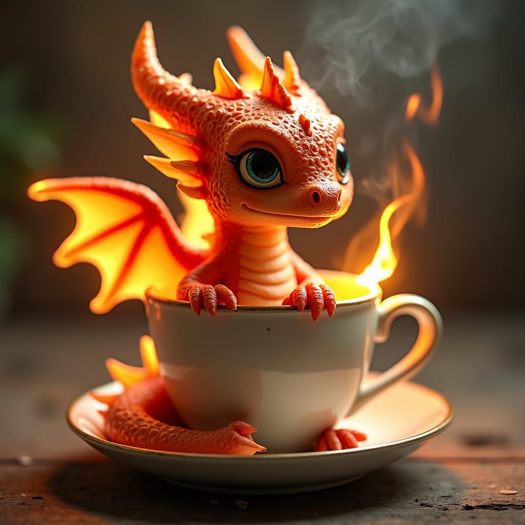 Fiery Fairy Dragon Baby in Teacup