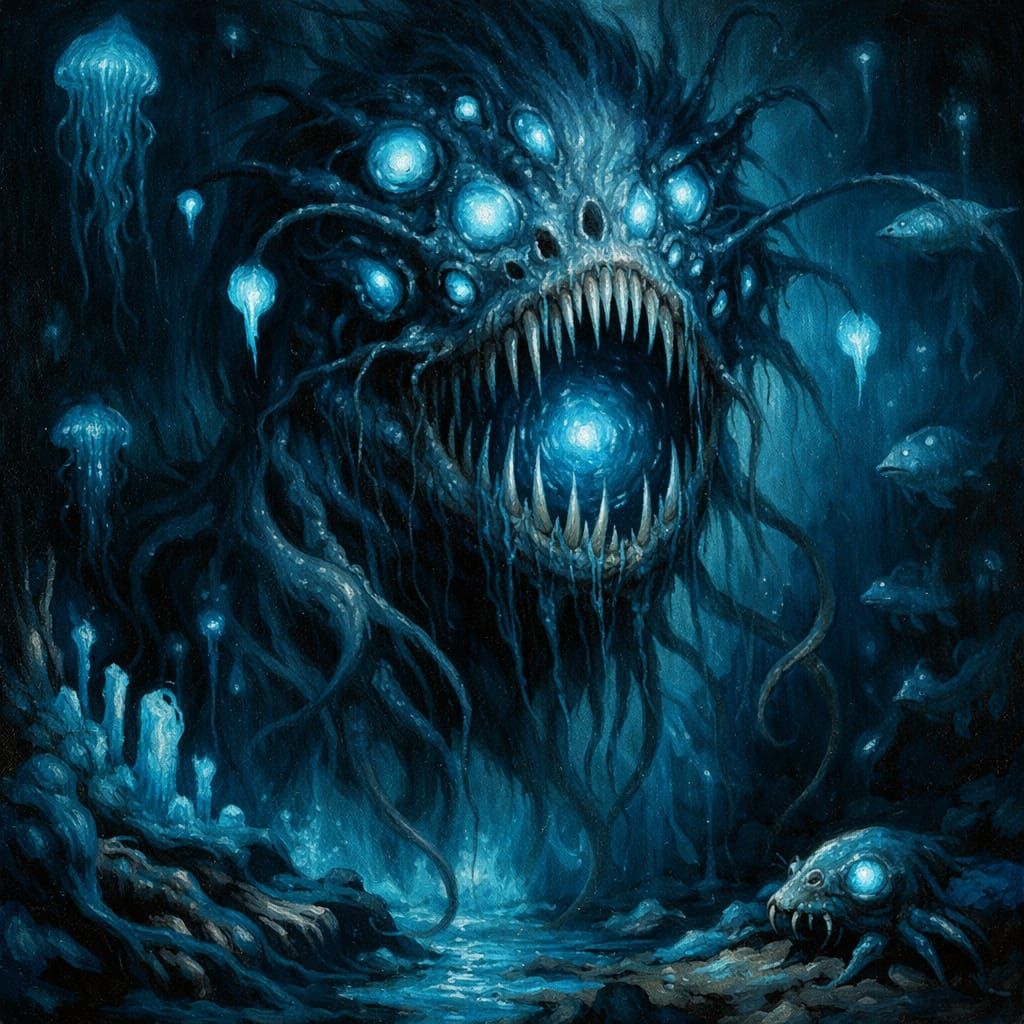 Surreal Oil Painting of Scary Deep Sea Alien