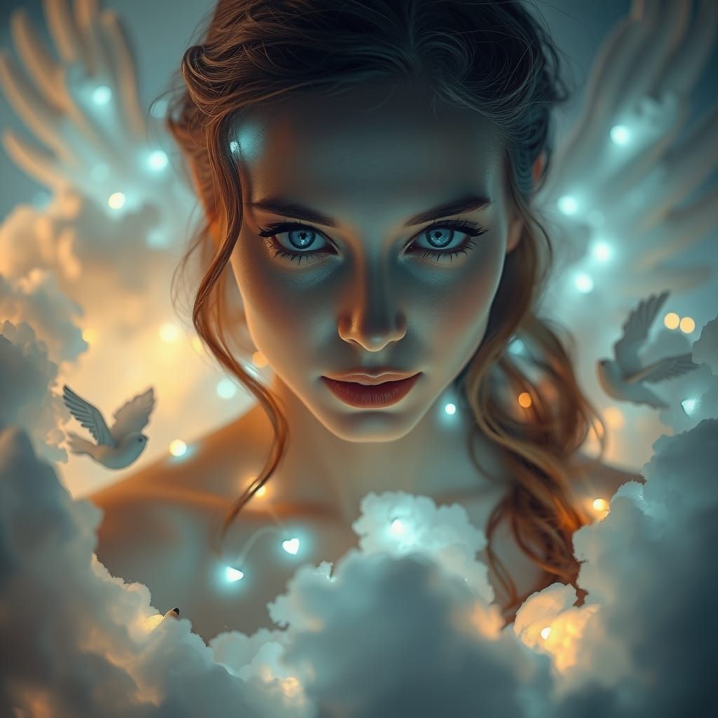Ethereal Woman in Angelic Lights, Hyper-realistic Digital Ar...