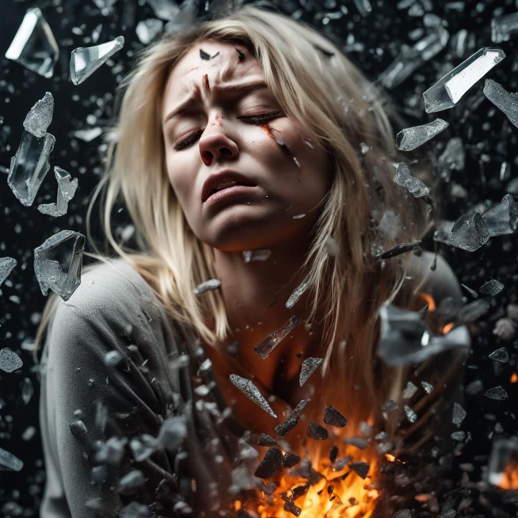 Distressed Girl in Ashes with Broken Glass