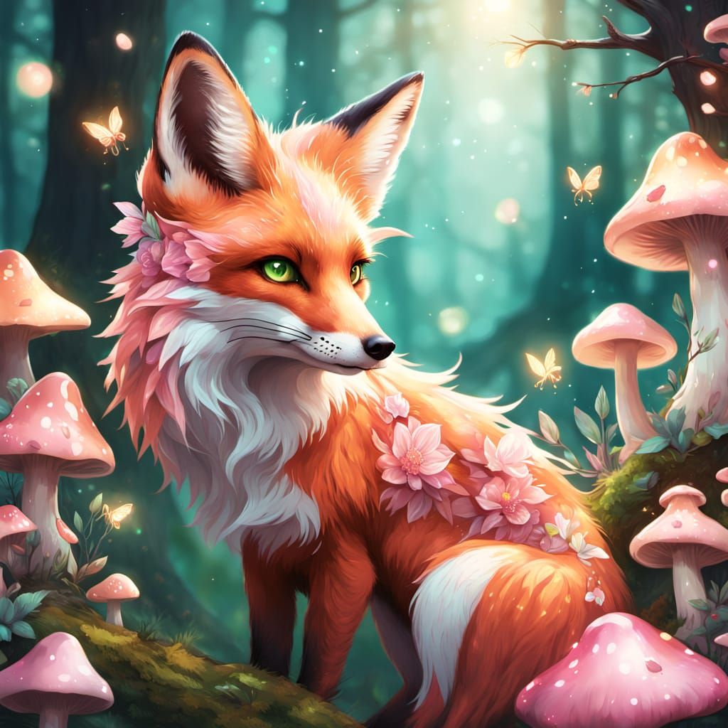Fox with Floral Crown in Dreamlike Forest