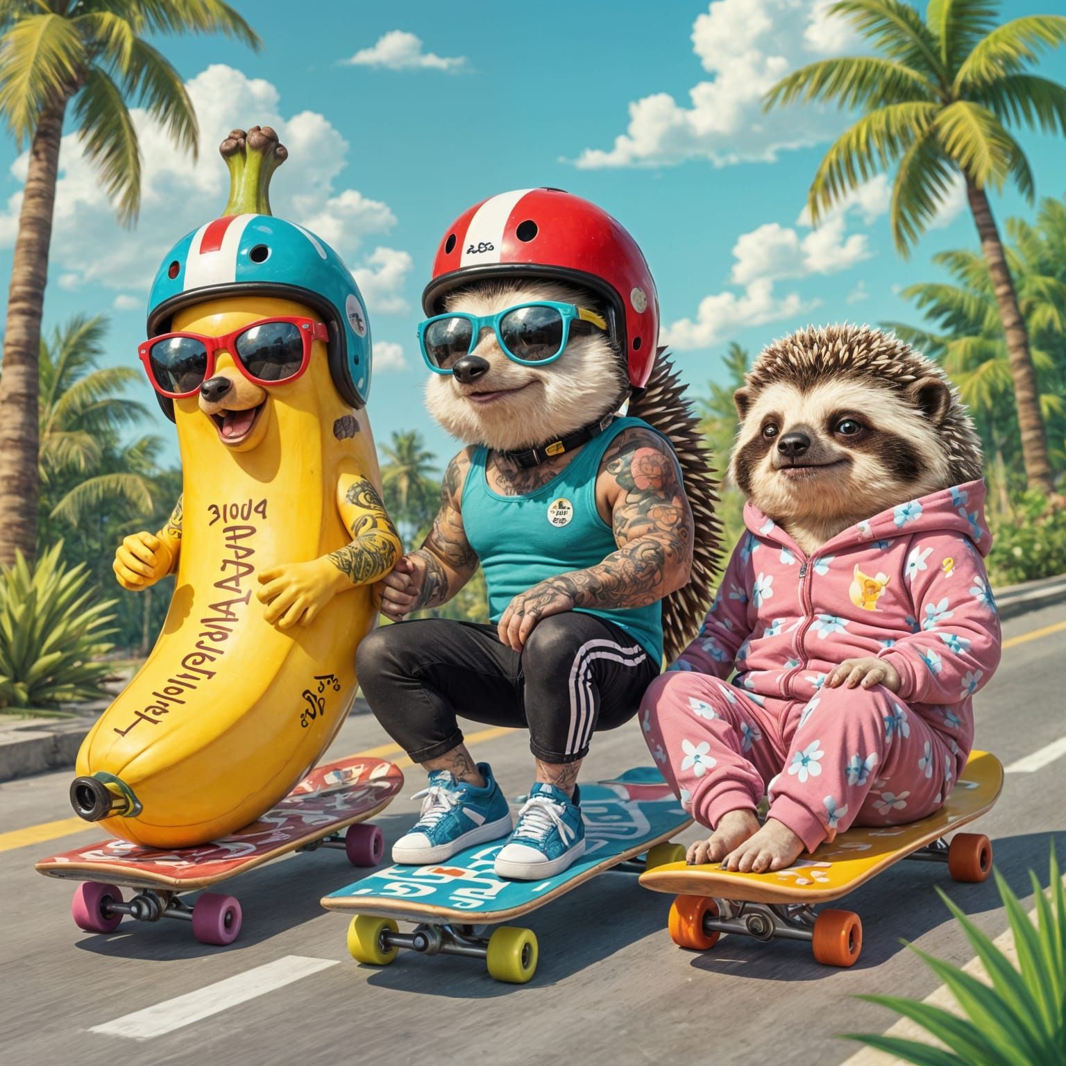 A tattooed banana Split, a body building hedgehog, and sleepy sloth all racing eachother on skateboards