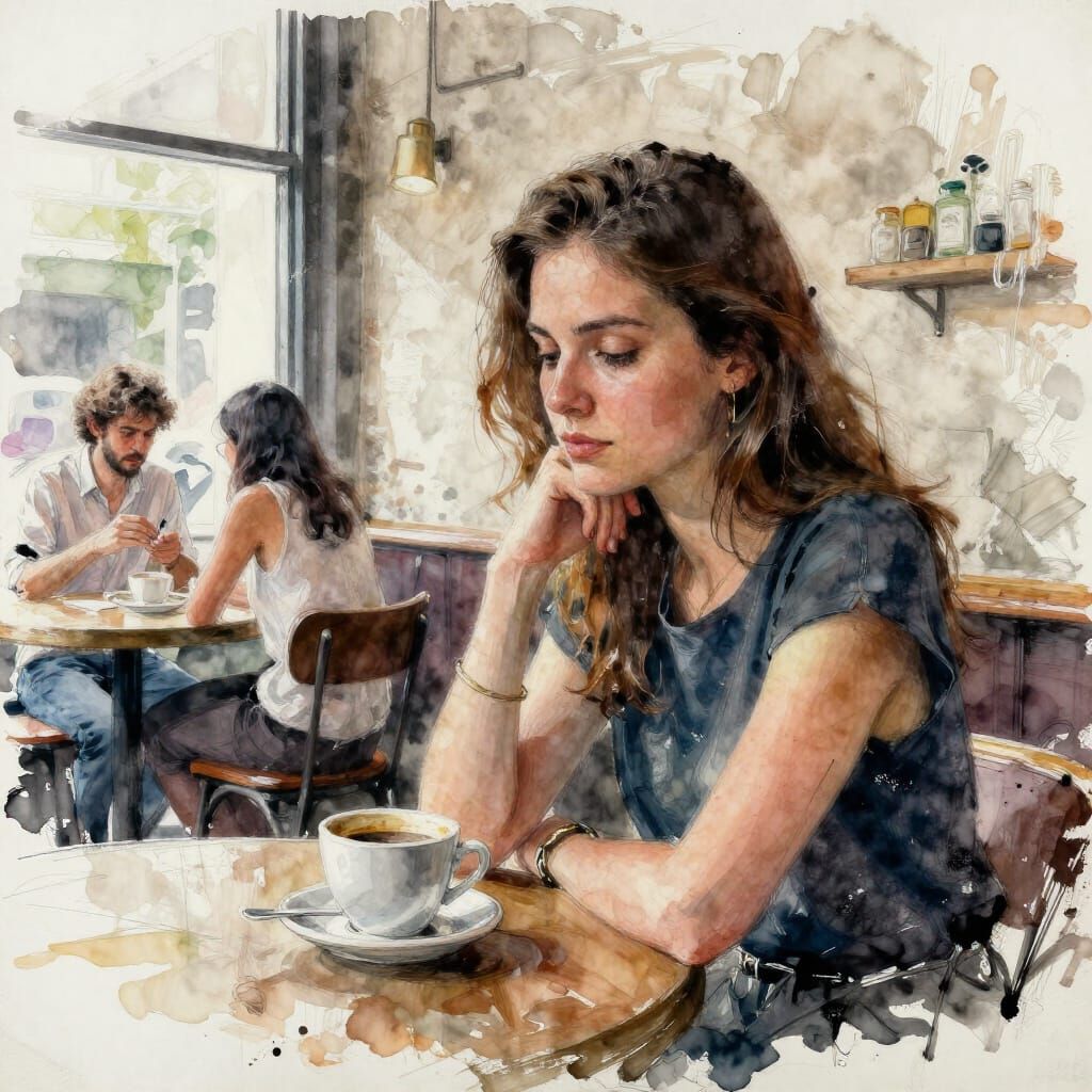 Calm Café Scene in Detailed Realistic Painting