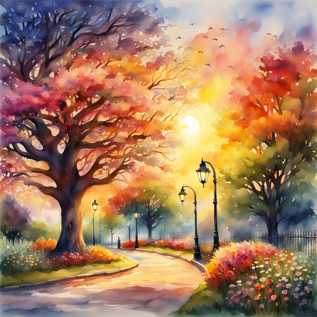 Vivid Sunset in a Watercolor Park
