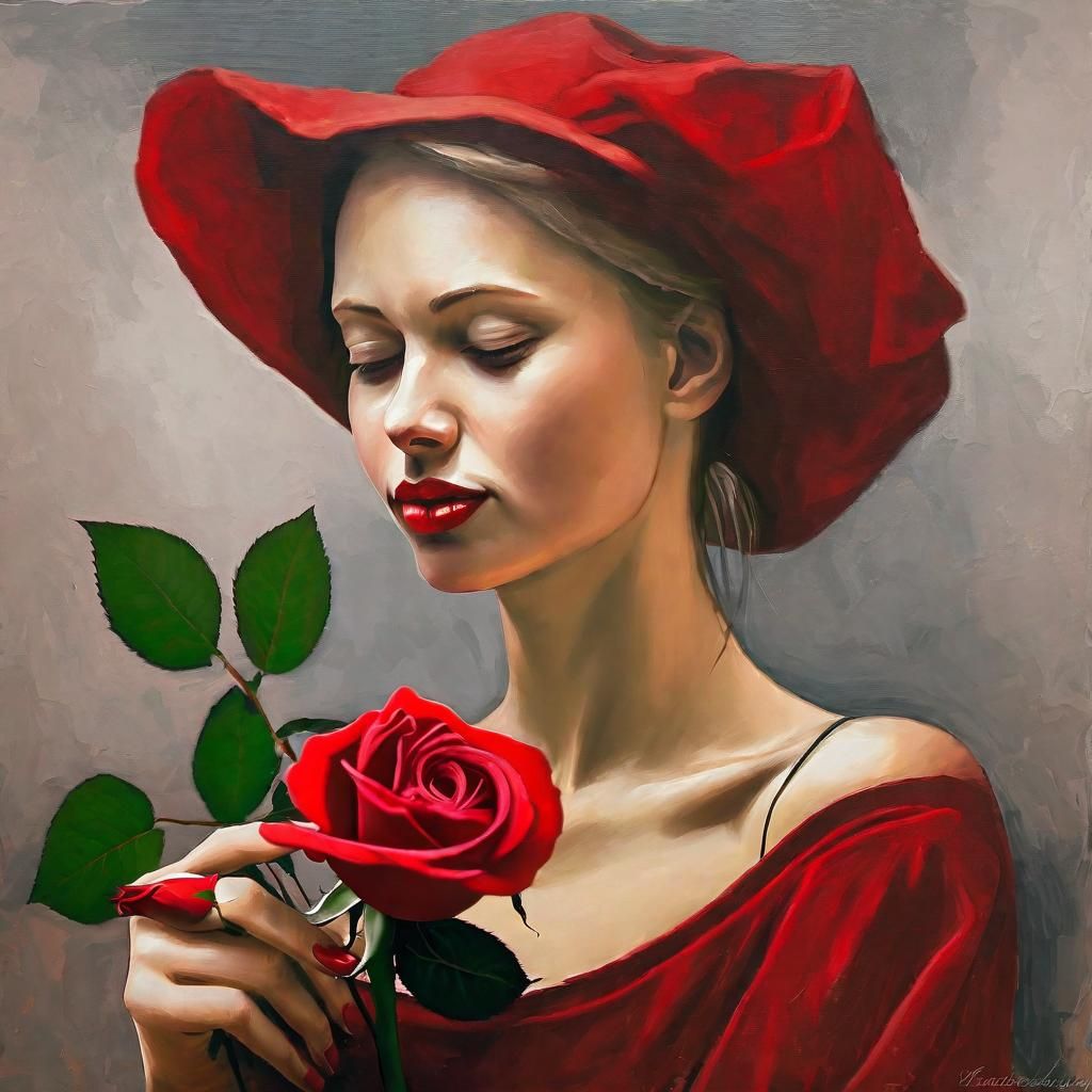 Woman with Red Rose: Classic Portrait