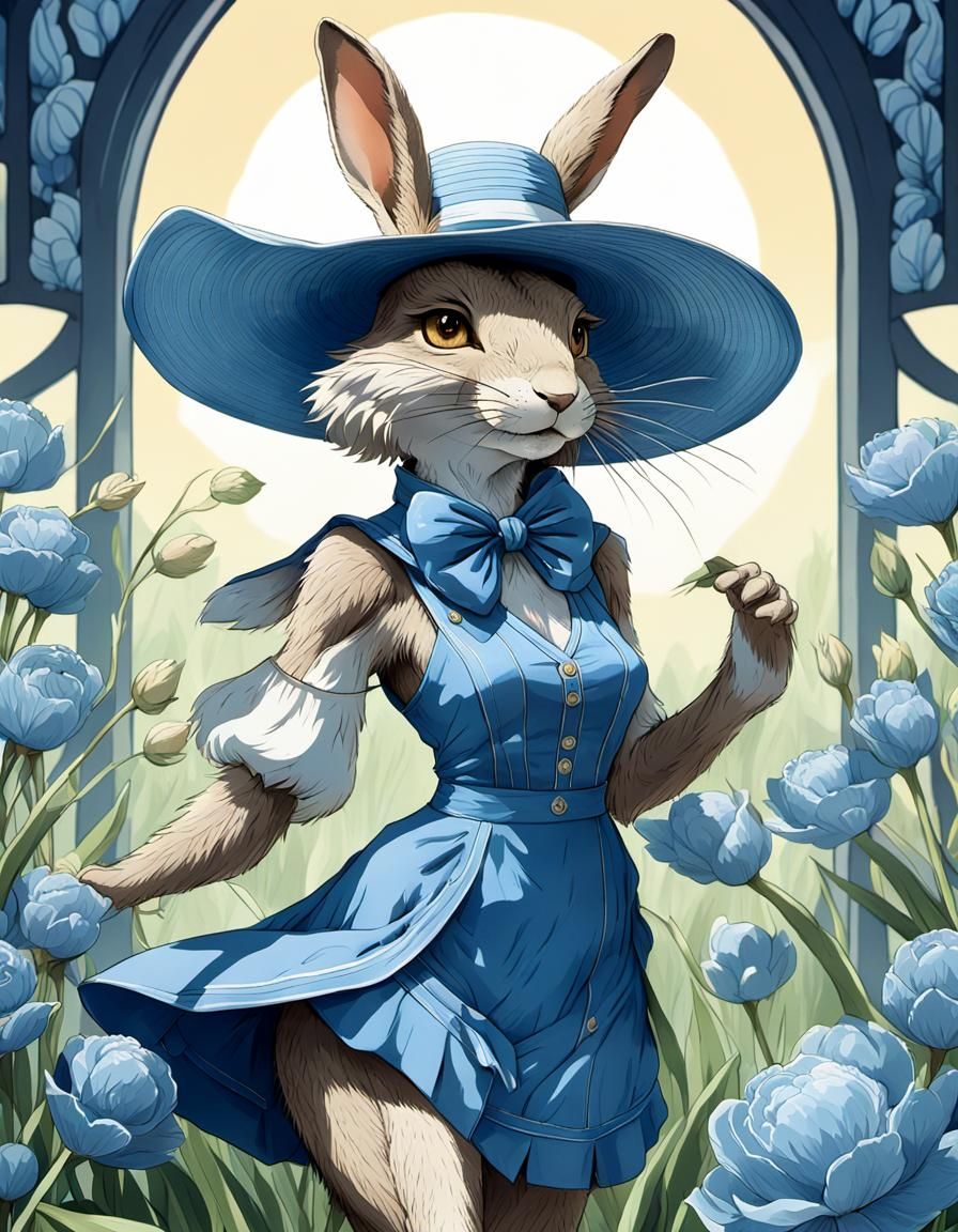 Art Nouveau Jackrabbit in Blue Sundress