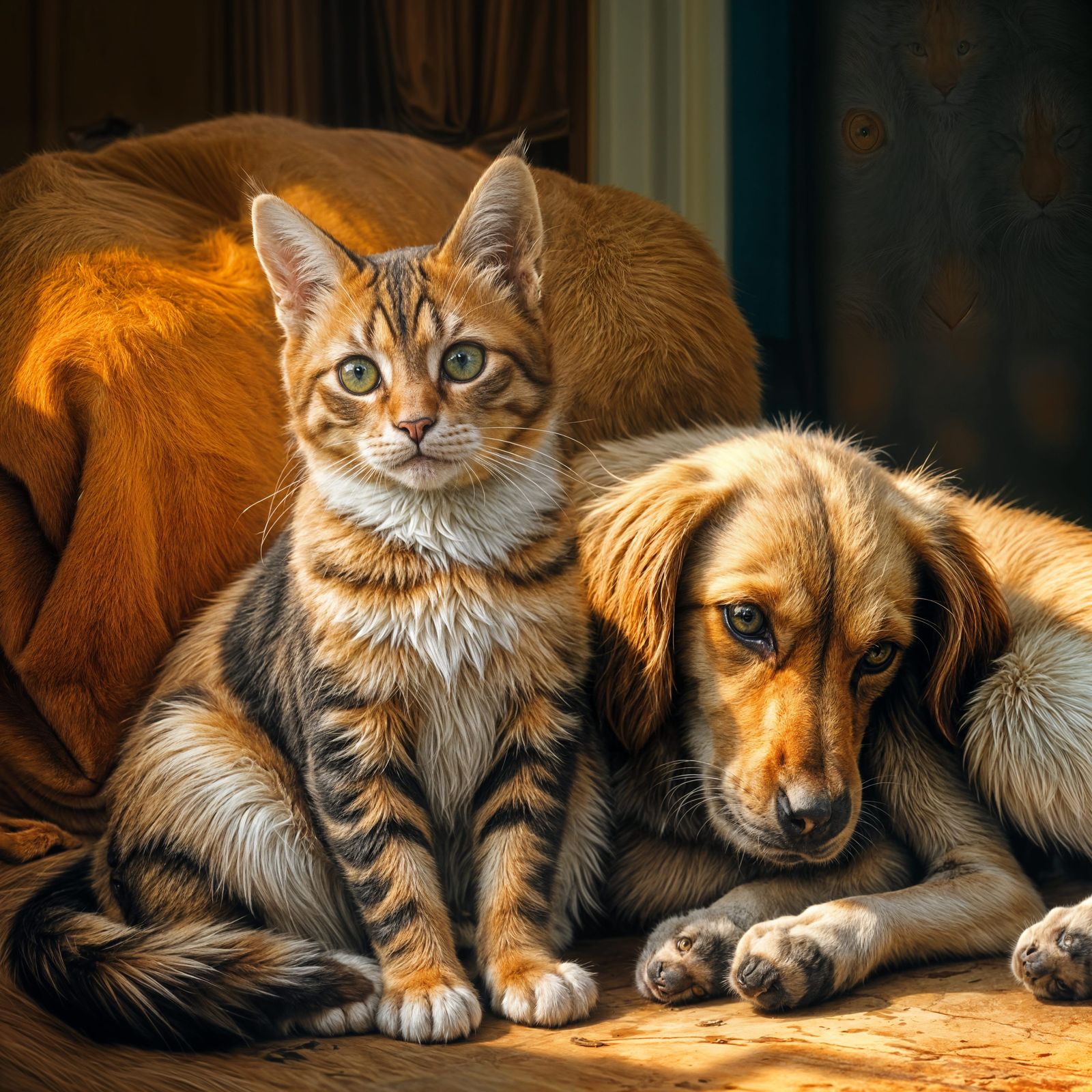 Stunning Feline and Canine Companion in Impressionist Style