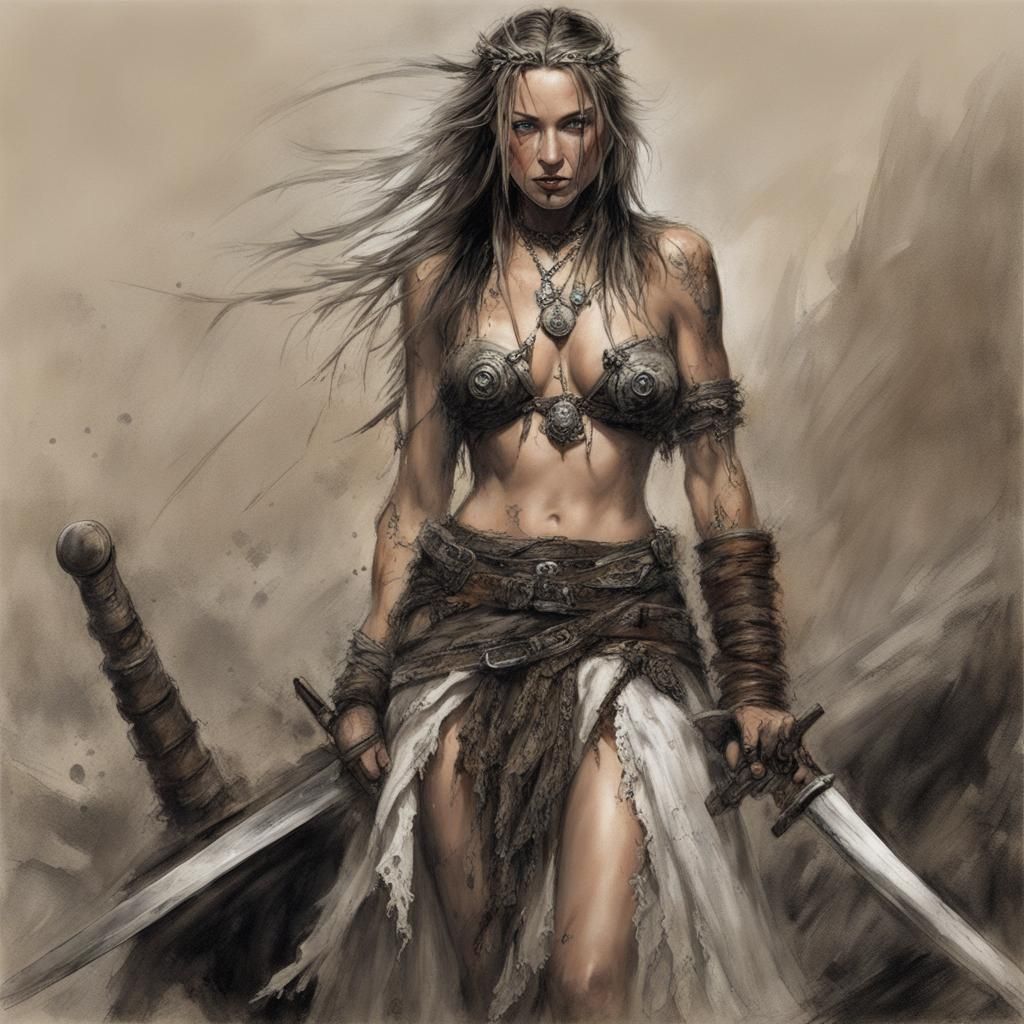 Barbarian Woman on Battlefield in Luis Royo Style
