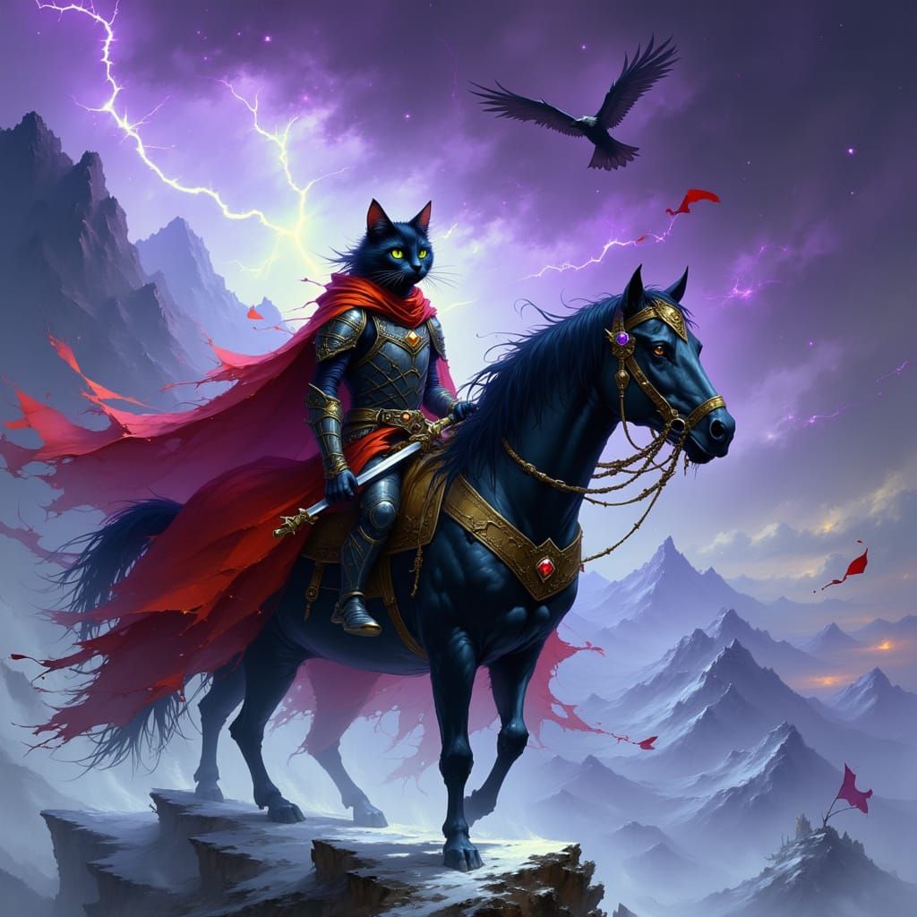 Anthropomorphic Cat King Rides Armored Horse on Snowy Peak