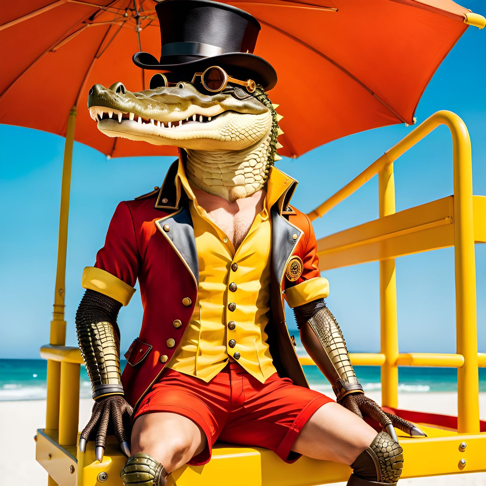 An enchanting steampunk crocodile as a lifeguard
