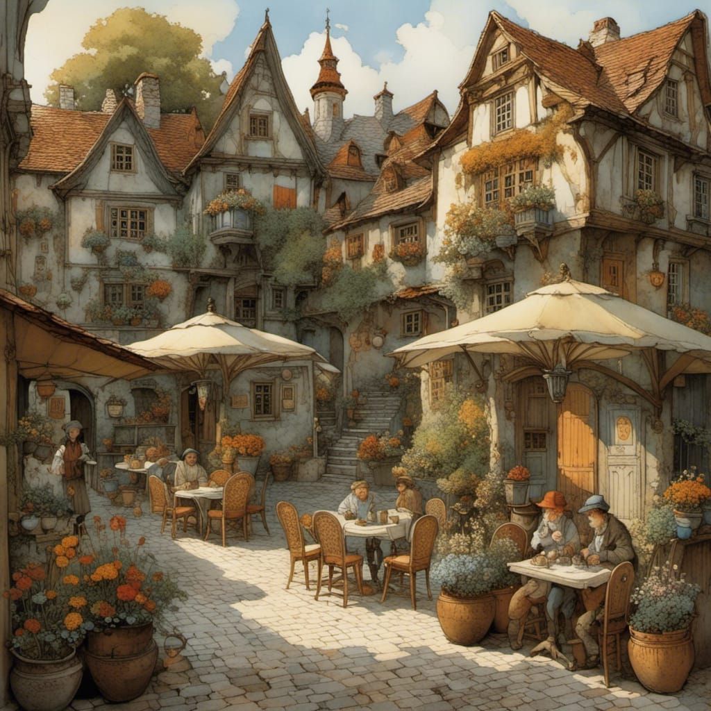 Charming German Courtyard Scene in Whimsical Style