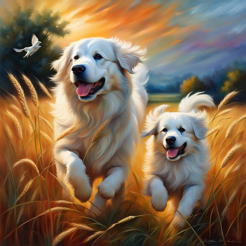 Dogs Playing in Wheat Field, Annette Schmucker Style