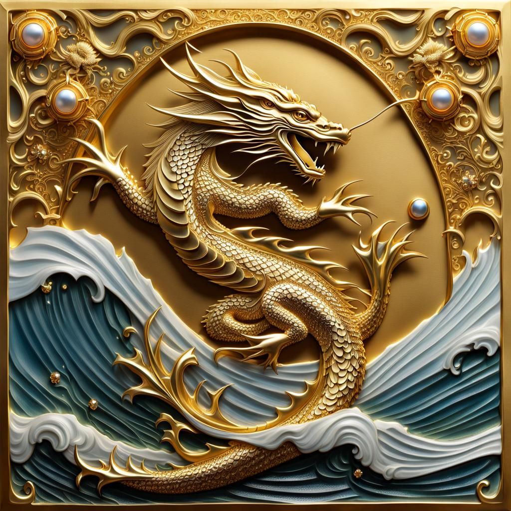 Detailed Gold Carving of Leaping Water Dragon