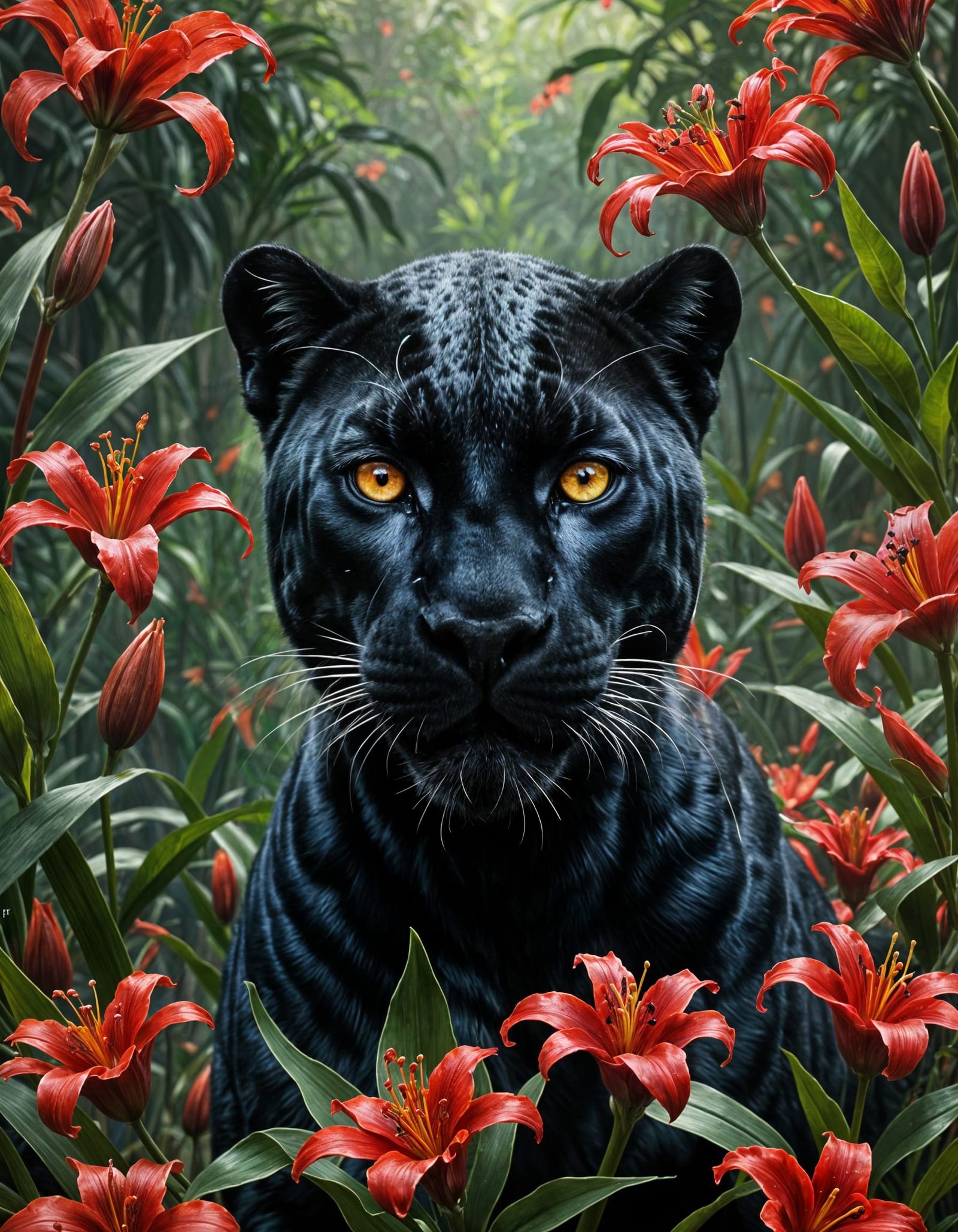 Ethereal Black Panther Amidst Crimson Lilies in Fantastical...