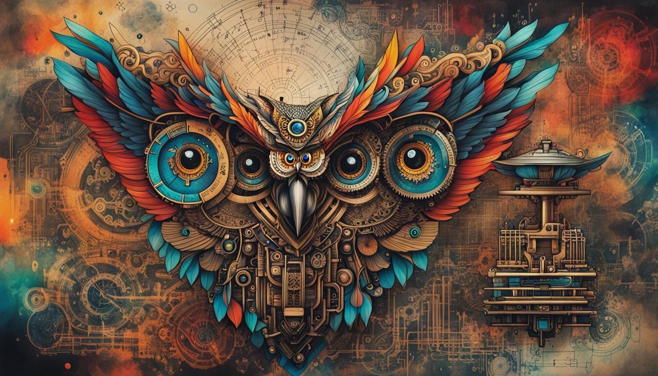 Mechanical Owl Ink Doodle with Vibrant Colors