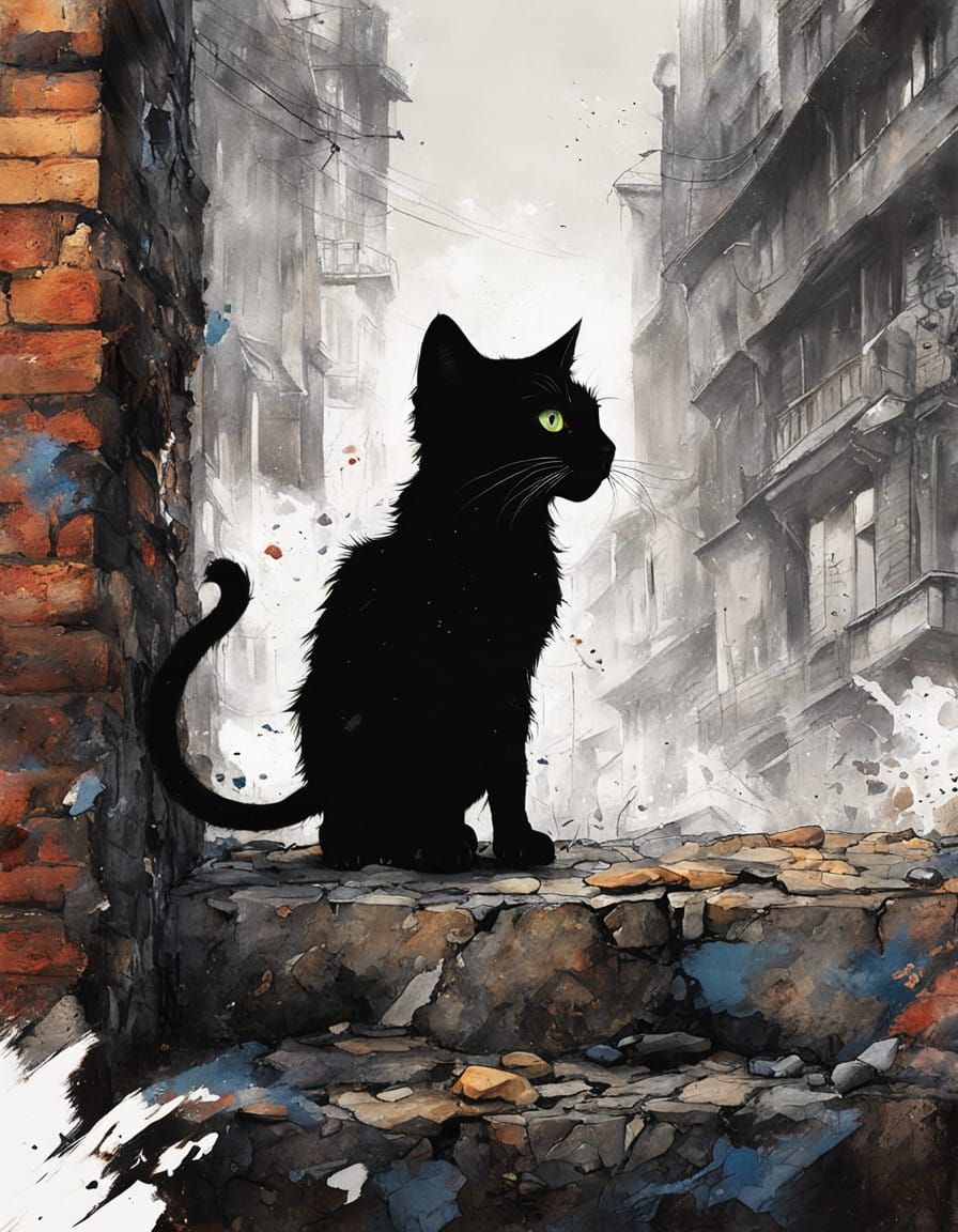Fearless Kitten Confronts Urban Landscape in Cyberpunk Style